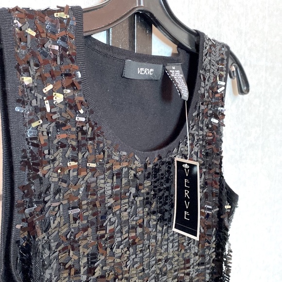 NEW! VERVE Black OBLONG Shiny SEQUINS HOLIDAY PARTY Sleeveless TANK TOP MEDIUM - Picture 7 of 8